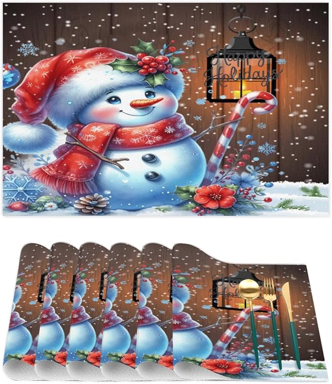 Christmas Art Snowman Snowflake Placemats Set of 6 PVC Vinyl Non Slip Table Mats Heat Resistant Place Mats Washable Wipeable Dining Table Mat for Kitchen Decor Party Indoor Outdoor Decorative Gift
