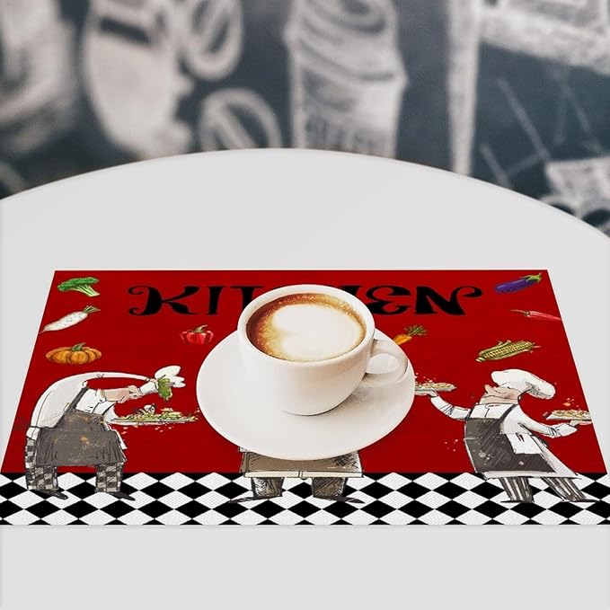 Chef Cooking Placemats Cartoon Rustic Vegetable Fruit Lattice Pastry Fat Chef Carrot Corn Gourmet Cookware Placemats Table Kitchen Dining Party 12x18 Inch Set of 4