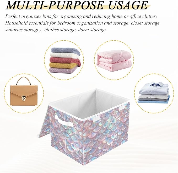 senya Baskets Collapsible Storage Bins with Lids, Pastel Sheer Mermaid Scales Storage Boxes Clothes Baskets for Organizing, B06D22020