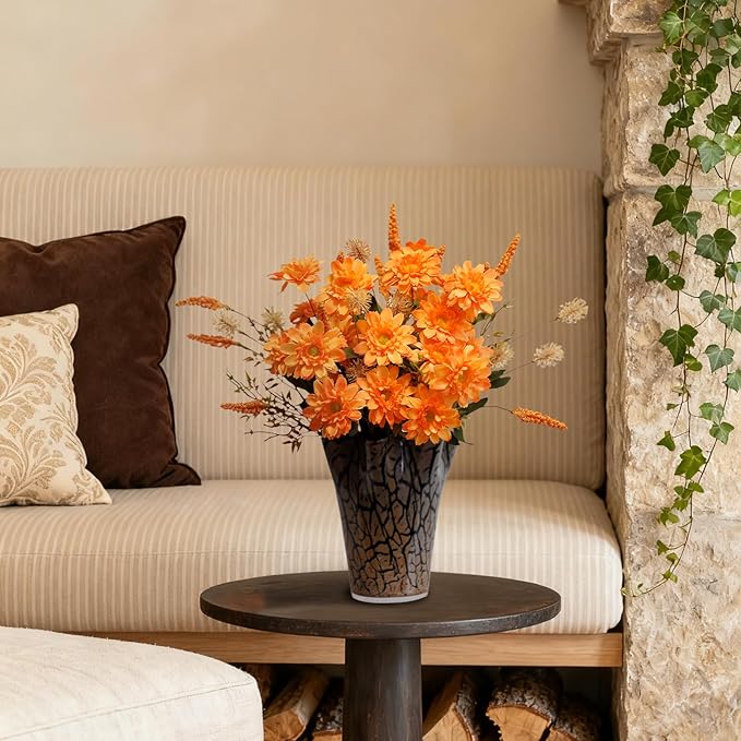 KBREE Artificial Fall Mums Bouquet, 4 Bunches Handmade Faux Daisy Flowers with Grain Stems & Foxtail, 17.7" Natural Farmhouse Mums Bouquets for Autumn Home Decor & Table Centerpieces (Orange)