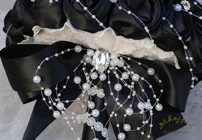 Bridal Wedding Bouquet Round Bling Brooch Bouquet Throw Toss Artificial Rose Flower Bunch for Bride Bridesmaid Wedding Quinceanera(Black, 7.5")