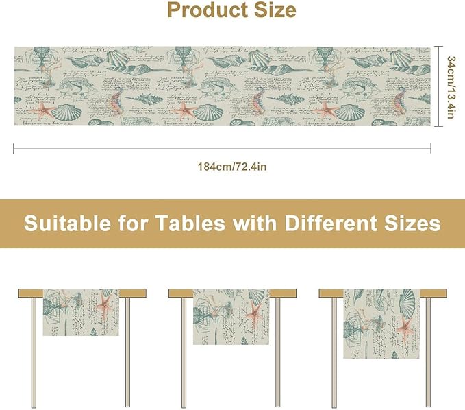Starfish Table Runner,Seashells Beach Coastal Nautical Sailboat Jellyfish Vintage Hand Drawn Burlap for Hotel Indoors Outdoor Dining Room Kitchen Table Decor, 13x70in