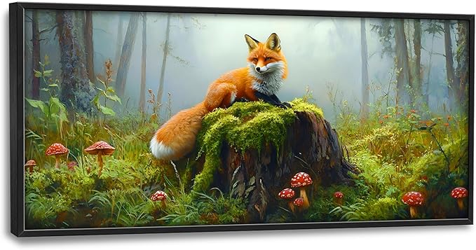 Forest Fox Large Wall Art Framed Rustic Wall Decor for Living Room Fox Mushroom Pictures Oversized Canvas Print Painting Modern Extra Large Framed Artwork for Bedroom Office 60"x30"