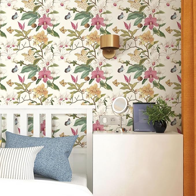 Vintage Floral Peel and Stick Wallpaper Floral Contact Paper 16.9inchx118.1inch Multicolor Flowers Butterfly Wallpaper Leaf Boho Self Adhesive Removable Wall Paper for Bedroom Decorative