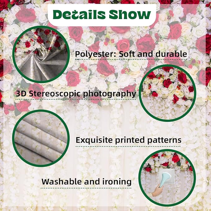 5x3ft White Red Flowers Wall Backdrops Wedding Floral Background Spring Blooming Roses Photography Banner for Bridal Shower Mothers Day Birthday Womens Day Valentines Day Baby Shower Decor