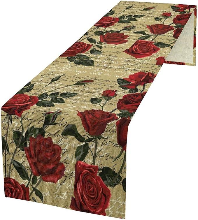 Red Rose Print Table Runner, Vintage Rose Spring Summer Seasonal Romantic Valentines Dinner Runner Table Decoration for Home Kitchen Dining Holiday Wedding Party 13x108in