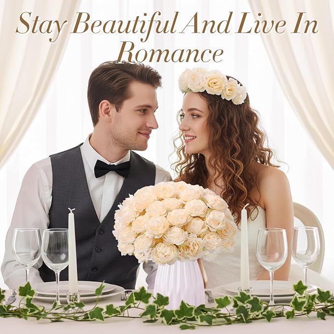 200 Pcs Flowers Long Stem Artificial Rose Bulk, 3.2 Inches Silk Rose Head Flowers Faux for Wedding Bridal Bouquet Independence Day Home Floral DIY Centerpieces Party Decoration(Champagne)