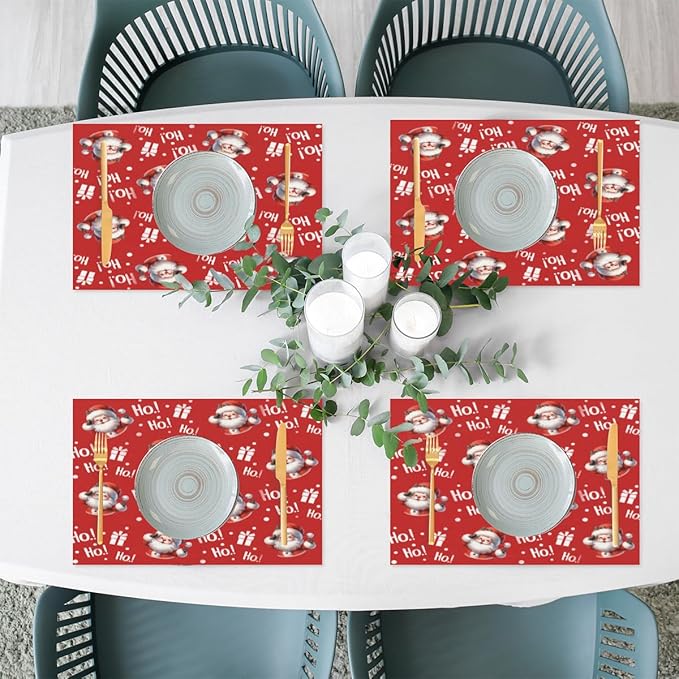 Christmas Xmas Ho Santa Claus Placemats Set of 6 PVC Vinyl Non Slip Table Mats Heat Resistant Place Mats Washable Wipeable Dining Table Mat for Kitchen Decor Party Indoor Outdoor Decorative Gift