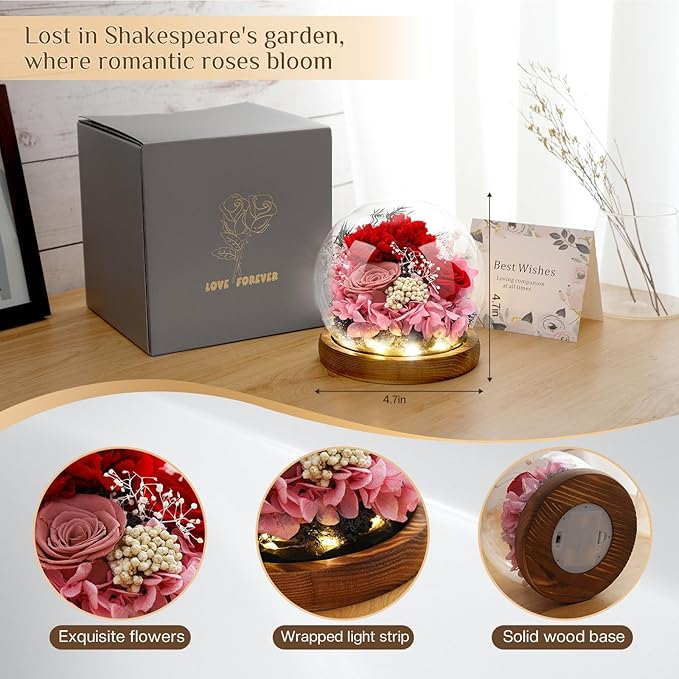 Preserved Flowers,Rose in Glass Dome with LED Light, Gifts for Her, Women, Mom,Grandma,Girlfriend, Wife- Style3