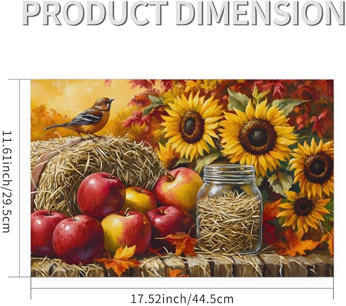 Autumn Apple Flower Sunflower Placemats Set of 6 PVC Vinyl Non Slip Table Mats Heat Resistant Place Mats Washable Wipeable Dining Table Mat for Kitchen Decor Party Indoor Outdoor Decorative Gift