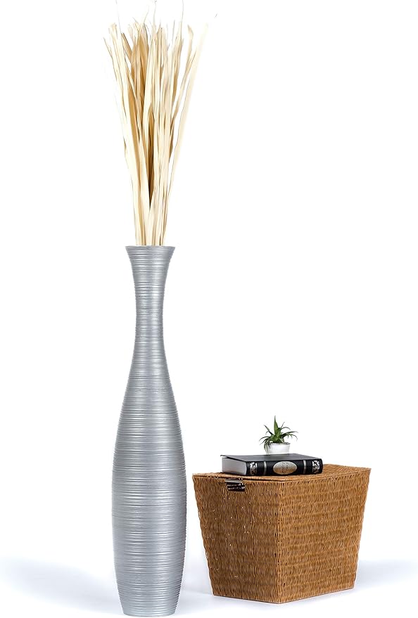 Leewadee Large Silver Home Decor Floor Vase - Wooden 41 inch Tall Farmhouse Decor Flower Holder for Fake Plant and Pampas Grass