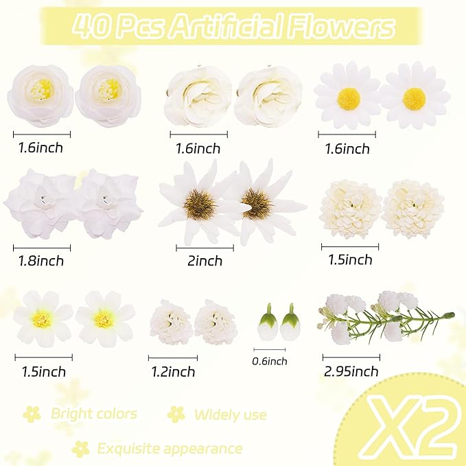Featuman Mini Silk Flower Heads Craft Flowers Faux Daisy, 40 Pcs Artificial Flowers Fake Rose for Crafts, Artificial Daisies Flower Heads Small Flower for Wedding Party Cap Hair Decoration (White)