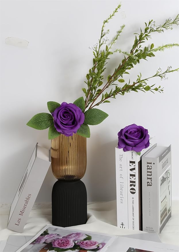 20pcs Purple Roses Artificial Flowers Fake Roses Real Looking Silk Flowers Bulk Big Faux Roses with Stems for Wedding Centerpieces Table Home Party Decor Bridal Floral Arrangements (Purple)