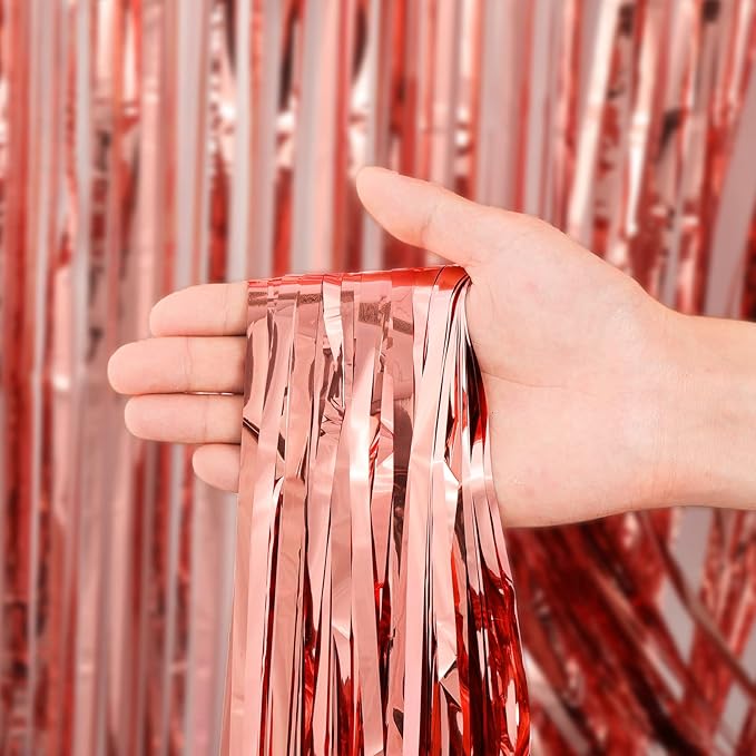 3 Pack 3.3x8.2 Feet Rose Gold Foil Fringe Backdrop Curtains, Tinsel Streamers Birthday Party Decorations, Fringe Backdrop for Graduation, Baby Shower, Gender Reveal, Disco Party