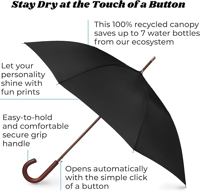 Totes Eco Auto Open Umbrella Classic Wooden J Stick Handle with Easy Grip - Windproof, Rainproof and Durable Canopy Design – Versatile Travel, Perfect for Rainy Days