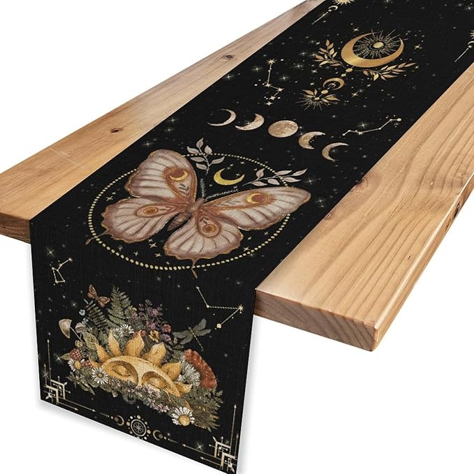 Gothic Moth Table Runner, Boho Gothic Sun Moon Phase Wildflower Mystical Witchy Farmhouse Coffee Table Center Decor for Home Kitchen Dining Patio Holiday Party Table Decorations 13x72 inches