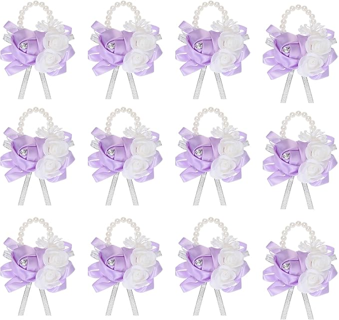 MECCANIXITY 12Pcs Wrist Corsage Artificial Flower Bracelets Rose Wrist Bride Groom Decorative for Wedding Ceremony Prom Party Anniversary Light Purple