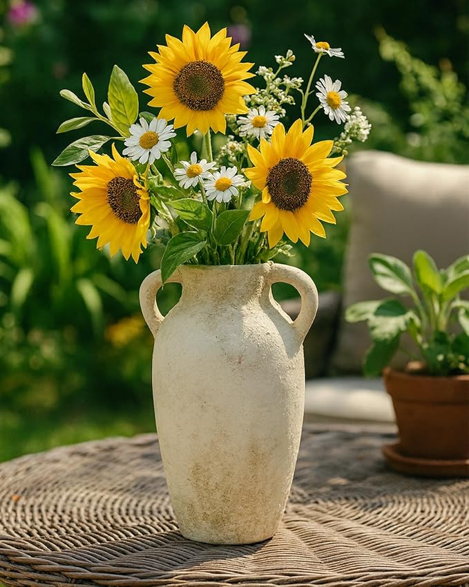 Ceramic Flower Vase Home Decor – 9.8 Inch Pottery Rustic Farmhouse Decorative Vase with Handles for Table Centerpiece, Shelf & Mantel, Beige