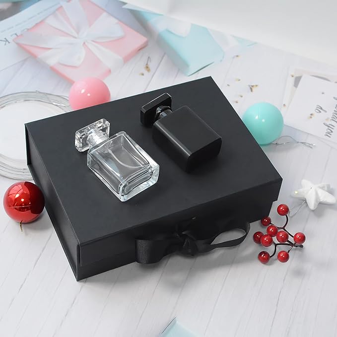Black Luxury Magnetic Gift Box with Lid, Ribbons and Gift Bag, Medium Size-9.4x7x3 Inches, Great for Christmas, New Year, Wedding, Birthdays, Man