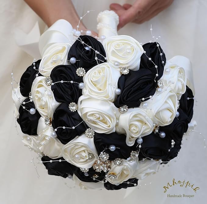 Bridal Wedding Bouquet Round Bling Brooch Bouquet Throw Toss Artificial Rose Flower Bunch for Bride Bridesmaid Wedding Quinceanera(Black & Ivory, 9.8")