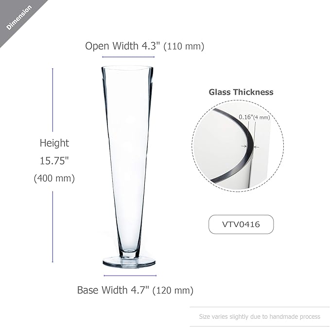 WGV Trumpet Glass Vase Bulk, Open 4", Height 16", (Multiple Sizes Choices) Clear Tall Pilsner Floral Planter Container Centerpiece, Wedding Event Home Decor, 6 Pieces (VTV0416)