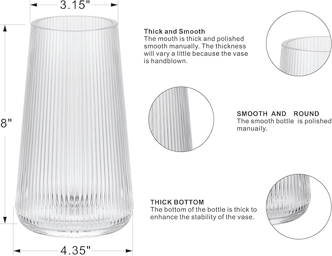 8" High Clear Glass Vase for Flower, Flower Vase for Bouquet, Ribbed Vases, Modern Glass Vase for Living Room, Bedroom, Dinning Table, Wedding, Centerpiece (Clear, 4.3"x8")