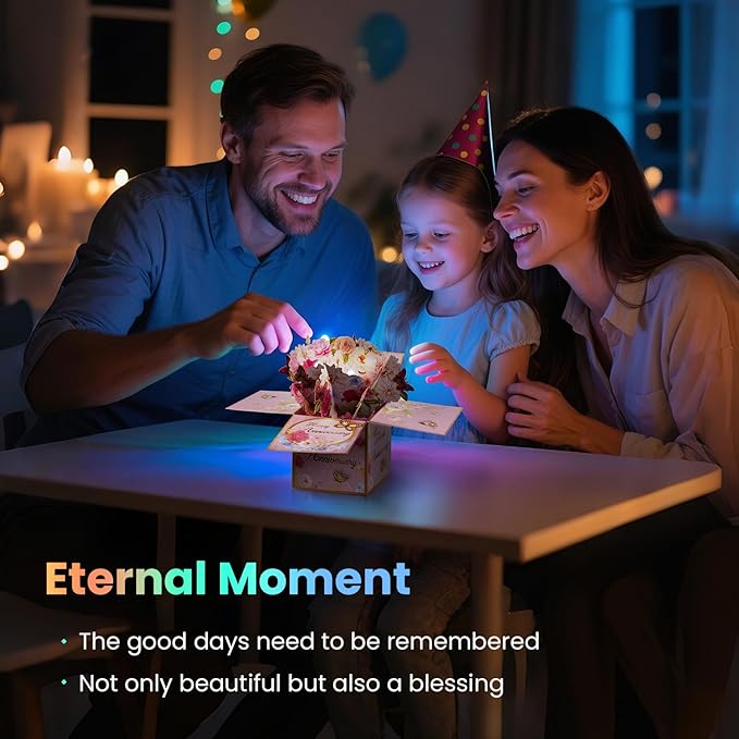 3D Anniversary Pop Up Cards with Music, Romantic LED Light 3D Flower Gift Box, Handmade Foldable Greeting Cards Box with Envelope for Anniversary,Festivals & Special Occasions