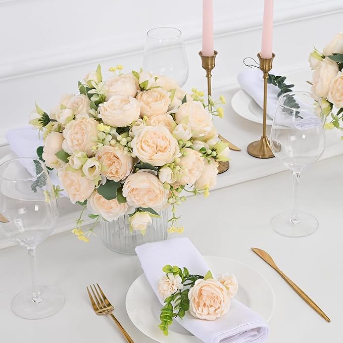 MARTINE MALL 4 Packs Peonies Artificial Flowers, Champagne Artificial Peonies, Silk Peonies Flowers Fake Peonies Artificial Flowers Peonies Bouquet for Centerpiece Table Wedding Party Home Decor