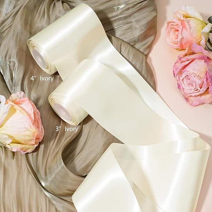 LaRibbons Ivory Satin Ribbon 3 Inch x 10 Yards Double Faced Luxury Silk Ribbon for Christmas Gift Wrapping, Holiday Bows, Christmas Wreath Sash Wedding Decorations and Party Crafts