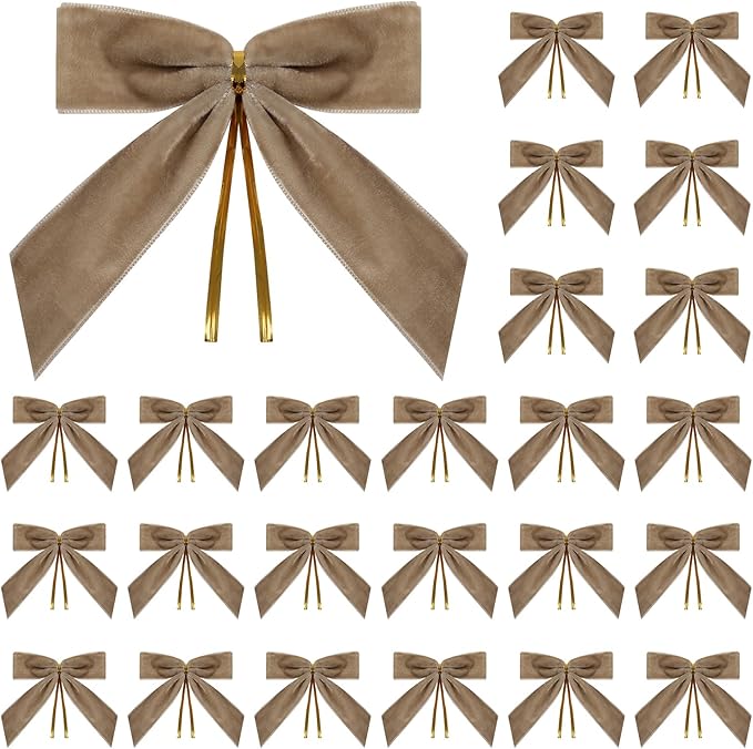 24 Pcs Light brown Small Velvet Christmas Bows for Christmas Tree, Wreath, Gift Wrapping, Crafts, Wedding, Party, Twist Tie Bows for Treat Bag Bakery Candy Bags, Home Decor 1"W,3.5 x 3.5 inch