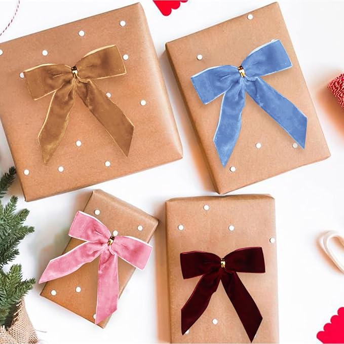 24 Pcs Light Blue Small Velvet Christmas Bows for Christmas Tree, Wreath, Gift Wrapping, Crafts, Wedding, Party, Twist Tie Bows for Treat Bag Bakery Candy Bags, Home Decor 1"W,3.5 x 3.5 inch