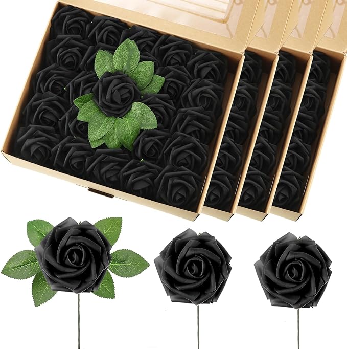 100 Pieces Artificial Foam Rose Flowers Faux Bouquet with Leaves and Stems for DIY Wedding Bouquets Centerpieces Bridal Shower Party Valentine Home Decorations(Black)
