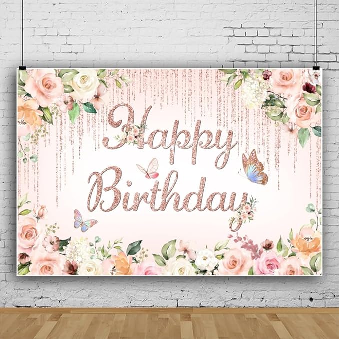 ChloropLastid 8x6ft Pink Floral Birthday Backdrop Rose Gold Glitter Flower Blossom Butterflies Happy Birthday Photography Background for Girls Princess Bday Party Decorations Banner Photo Props