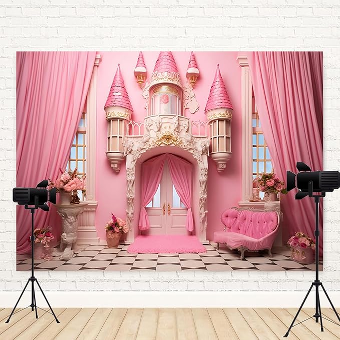 7x5ft Pink Castle Backdrop Room Door Curtain Photography Background Flowers Vases Sofa Princess Girl Birthday Banner Decorations Newborn Baby Shower Wedding Party Portrait Photo Booth Prop