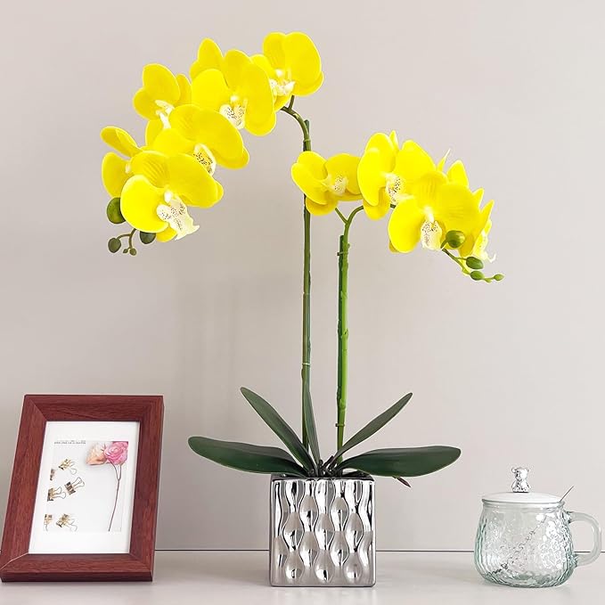 Artificial Orchids Silver Vases Orchids Artificial Flowers Yellow Orchid Height 20 inches