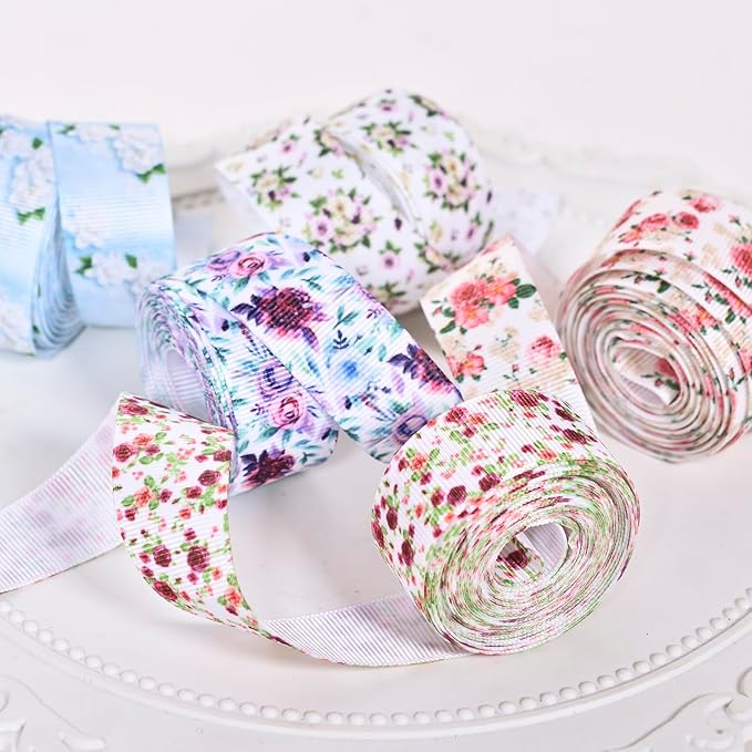 Floral Grosgrain Ribbon, 5 Rolls Flower Pattern Ribbon Spring Summer Fabric Decorative Craft Ribbon Roll for Gift Wrapping Decor Hair Bow Sewing Wreath Crafts (Mixed Color, 2.5Inch X 20Yards)