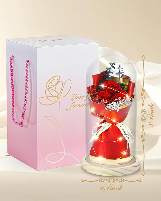 HVY Preserved Flowers Bouquet for Her,Forever Flowers Fresh Bouquet Mothers Day Birthday Gifts for Mom Preserved Rose Gifts for Women Wife Girlfriend Red Eternal Rose Present