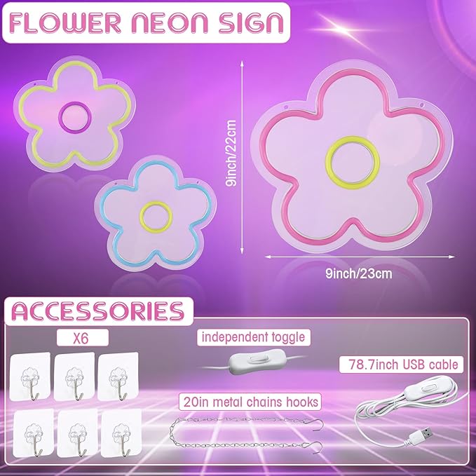 Baquler 3 Pcs Flower Neon Sign Light up Flower Sign Retro Neon LED Lights USB Powered for Wall Decor Window Bedroom Home Girls Birthday Christmas Party Decoration, 9 x 9 Inches(Classic)