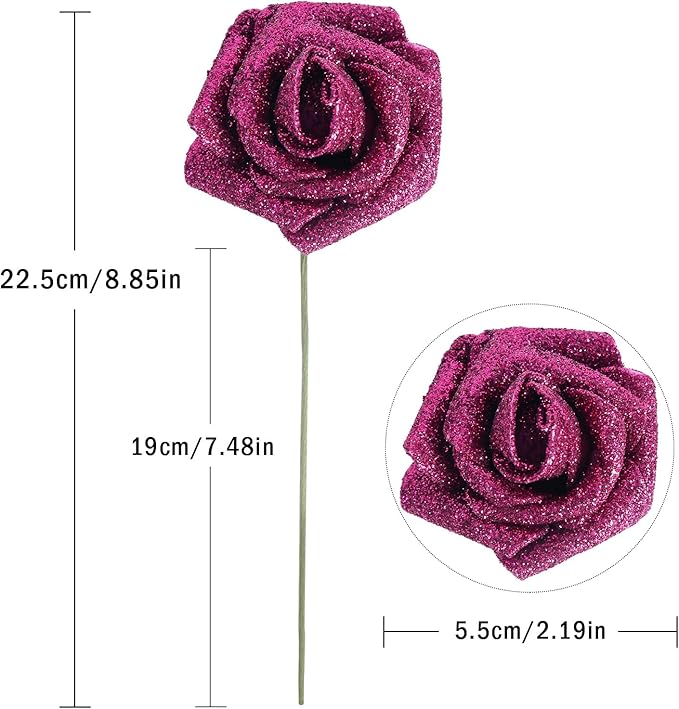 IPOPU Artificial Roses,25pcs Glitter Roses Glitter Flowers Foam Roses with Stems for DIY Wedding Bridal Bouquet Home Party Decoration(Deep Pink)