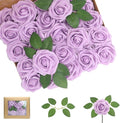 Artificial Flowers 50PCS Light Purple Roses Real Looking Foam Fake Roses with Leaves and for DIY Wedding Bouquets Bridal Shower Centerpieces Party Decorations (Lilac)