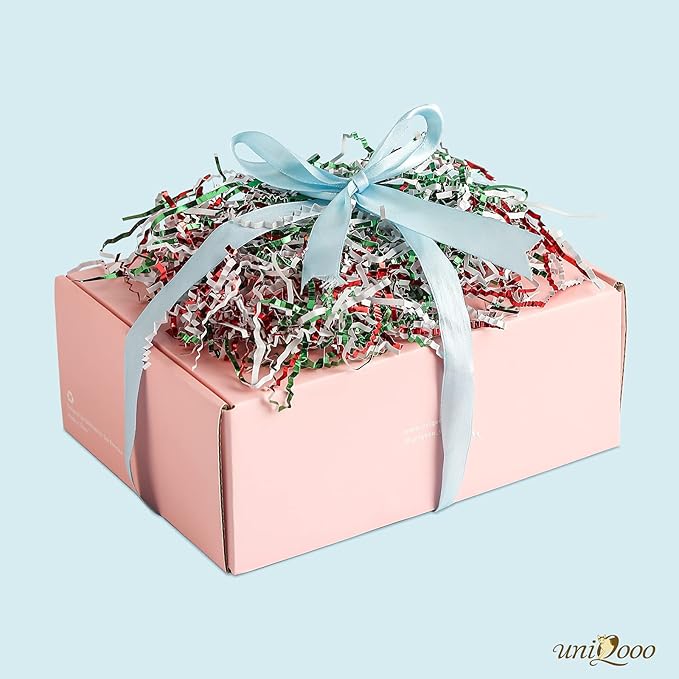 UNIQOOO 1/2 LB Metallic Red Green White Crinkle Cut Paper Shredded Filler, Christmas Peppermint Candy Cane Raffia Tissue Zig, Strands Shred Craft Bedding Cushion,Wedding Birthday Gift Boxes Bag Retail
