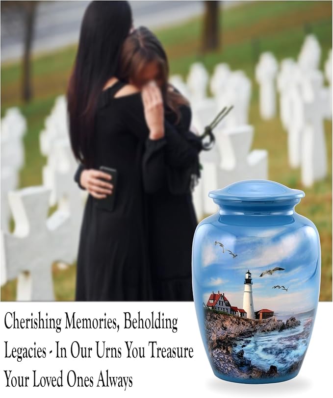 Lighthouse Urn - Full Size Portland Head Lighthouse Cremation Urn – Adult Urns for Men and Women – Ocean Blue Funeral and Memorial Urns for Human Ashes Upto 210 Lbs with Velvet Bag (Large)