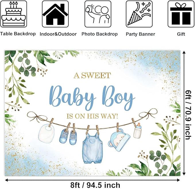 Sensfun Cute Clothes Baby Shower Backdrop for Boys A Sweet Baby Boy is On His Way Banner Greenery Eucalyptus Leaves Welcome Baby Boy Baby Shower Party Decorations Banner Photo Booth Props 8x6ft