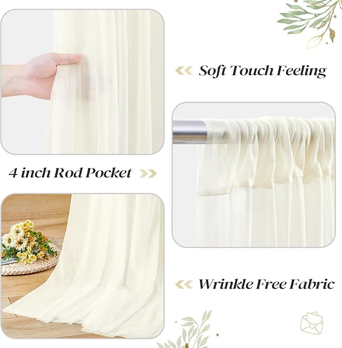 10ft x 10ft Ivory Backdrop Curtain with Lights String for Parties, Sheer Tulle Wedding Photo Backdrops Drapes for Baby Shower Birthday Party Decorations Background for Photography