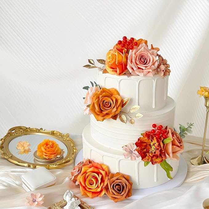 Artificial Flowers Combo Box Silk Burnt Orange Roses with Stems Sunset Terracotta DIY Bridal Wedding Bouquets Fall Boho Cake Fake Floral Arrangements Baby Shower Party Table Centerpieces Home Decor