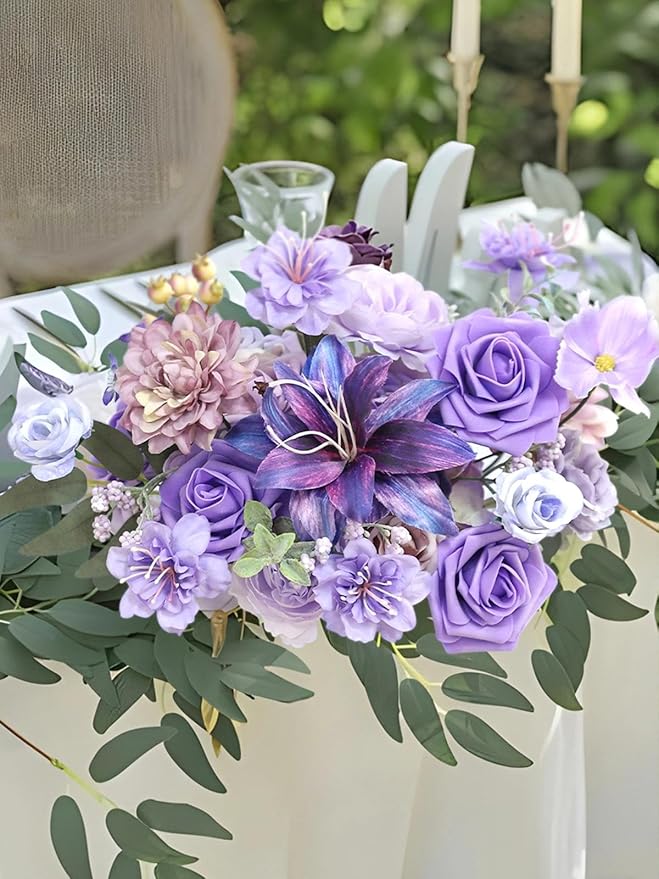 Artificial Flowers Combo Box Purple Flowers Silk Fake Roses with Stems for DIY Wedding Bridal Bouquets,Table Centerpieces,Cake Floral Arrangement,Baby Shower,Birthday Party Home Decorations