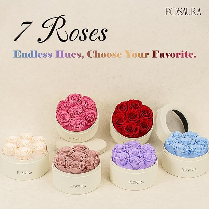 Rosaura Round Preserved Roses Gift Box - Real Forever Flowers for Birthday, Valentine's & Mother's Day (Cappuccino, 7 Roses)