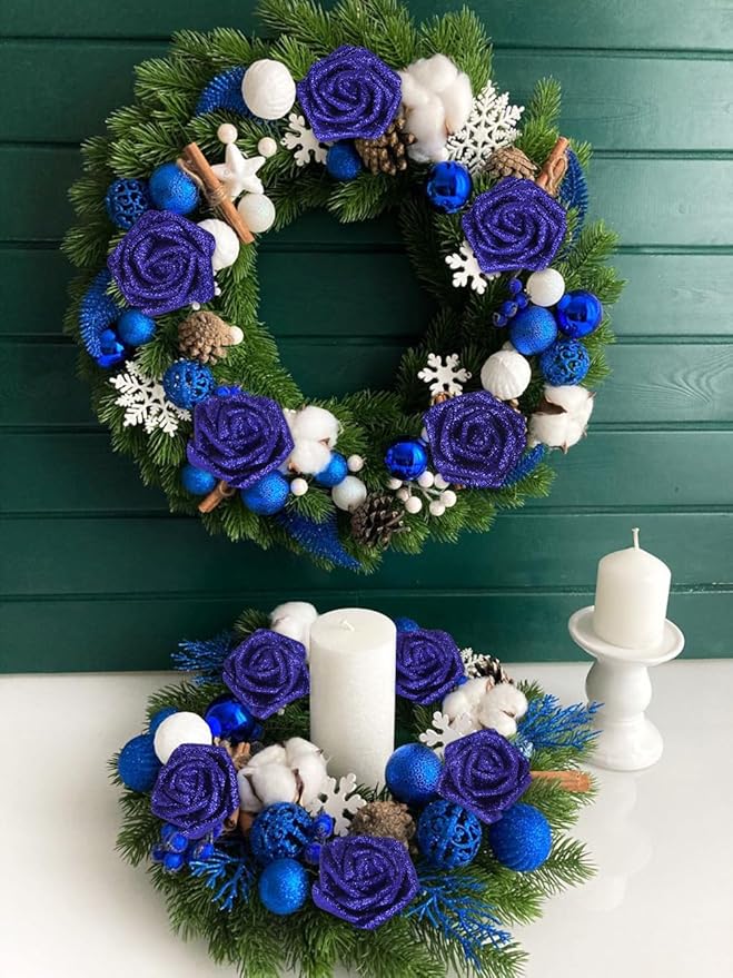 Artificial Roses,50PCS Royal Blue Roses Artificial Flowers 2.76" Sparkle Roses Glitter Flowers for Wedding Christmas DIY Wreath Home Table Floral Arrangement(Royal Blue)