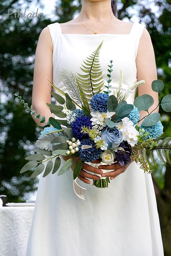Artificial Wedding Dahlia Flowers 25 pcs Fake Roses with Stem for DIY Wedding Decor Centerpieces Arrangements Bouquets (Shades of Navy Blue)