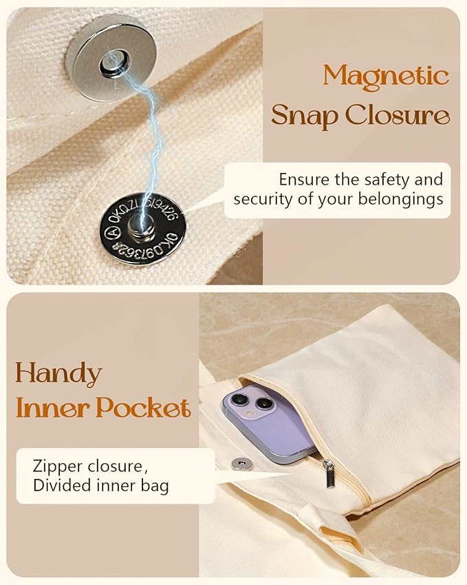 Aesthetic Tote Bag for Women- with Magnetic Buckle and Zipper Inner Pocket Cloth Cotton Canvas Tote Bags